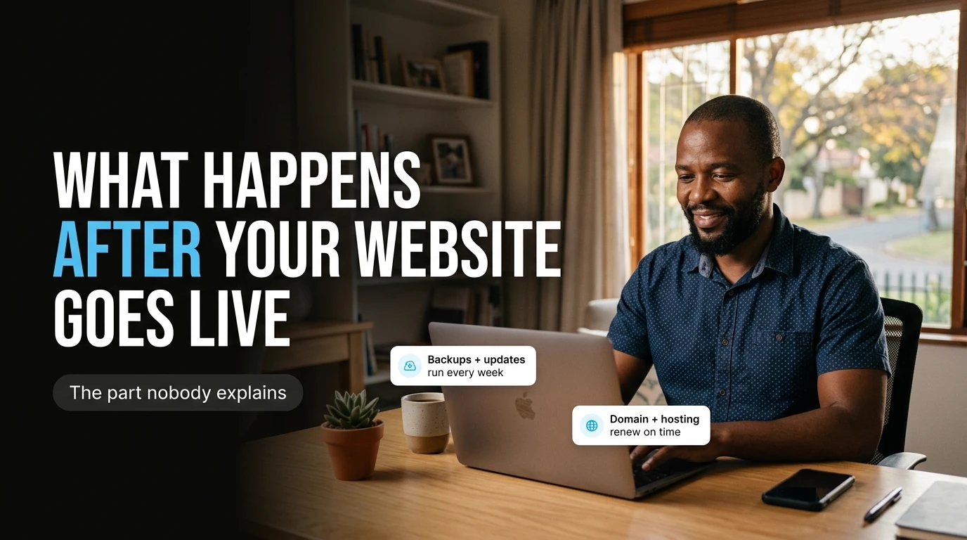 A South African small business owner reviewing their newly launched website on a laptop